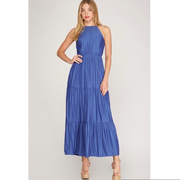 Boho Blue Tiered Open Back Maxi Dress - Picture 2 of 5